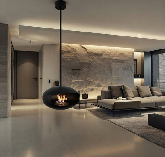 Hanging Bioethanol Fireplace UK - Cocoon Aeris Matte Black with rod