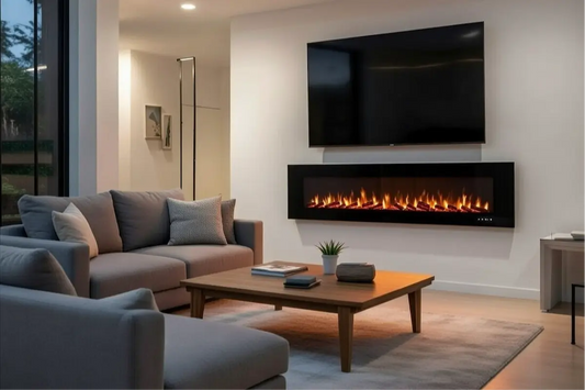 Modern wall-mounted electric fireplace with realistic flame effect, ideal for winter home heating