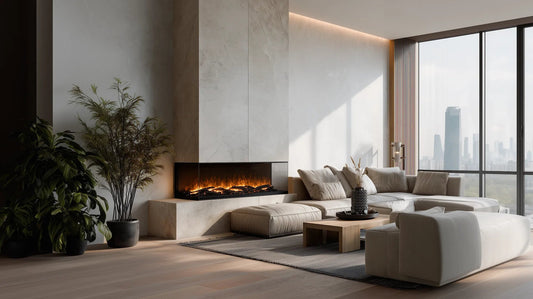 Modern living room with an installed flueless fireplace