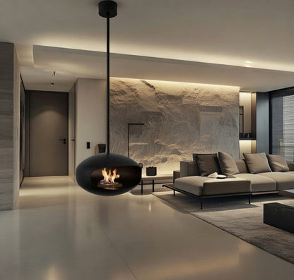 Hanging Bioethanol Fireplace UK - Cocoon Aeris Matte Black with rod